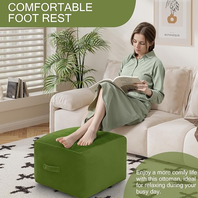 MeMoreCool Square Pouf Ottoman – Stuffed Foam Footrest for Living Room, Green Soft Velvet Texture | Portable Handle | Machine Washable Cover | Compact & Cozy Floor Seat