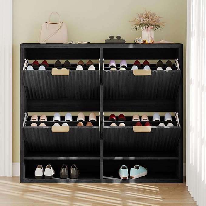 Fluted Shoe Cabinet Storage with 4 Flip Drawers, Narrow Shoe Storage Organizer for Entryway, Hidden Slim Wooden Shoe Rack Cabinet for Front Door Entrance, Hallway, Living Room (4-Drawer, Black)