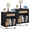 LEYAOYAO Rattan Nightstand with Charging Station, Black Night Stand with Drawer, 23" Wide Boho Bedside Table with Storage Shelf, Bed Side End Tables for Bedroom, Living Room, Hallway