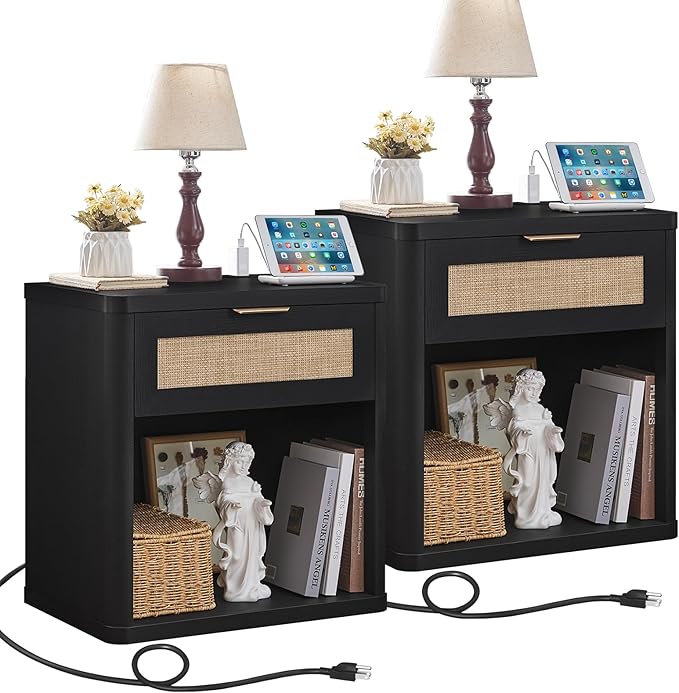 LEYAOYAO Rattan Nightstands Set of 2 with Charging Station, Black Night Stand with Drawer, 23" Wide Boho Bedside Table with Storage Shelf, Bed Side End Tables for Bedroom, Living Room, Hallway