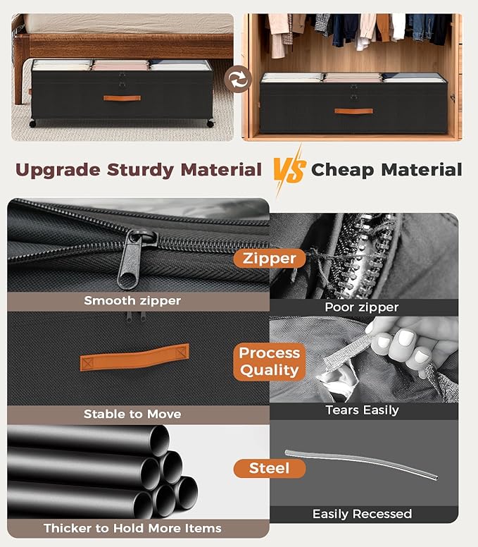 Under Bed Storage, 35.5 inches Under Bed Storage with Wheels, Large Capacity UnderBed Containers with Clear Lids, 2Pcs Rolling Under the Bed Storage for Clothes, Shoes, Blankets (Deep Black)