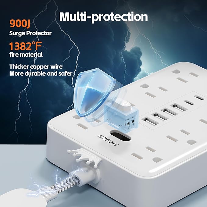 Surge Protector Power Strip(900J) -MCSCN 8 Outlets 6 USB - 15A/1875W - Ultra-Thin Plug & Cord - UL Certified - Home/Office Use