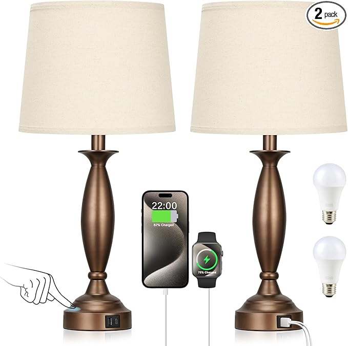 Seealle Beige Brown Lamps for Bedrooms Set of 2 - Touch Control Bedside Lamp with USB C+A, 3 Way Dimmable Nightstand Lamps with USB Port, Table Lamp for Living Room(Beige Shade and Brown Base)