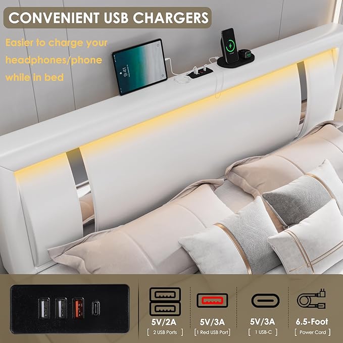 Keyluv Queen Bed Frame with RGB LED Lights Headboard & 2 Storage Drawers, Modern Upholstered Faux Leather Smart Platform Iron Metal Decor, USB USB-C Charging Ports, No Box Spring Needed, White