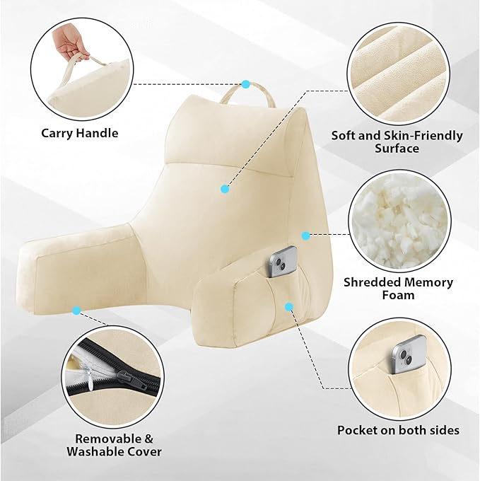 IPYNBAP Back Pillow for Bed Sitting up, Reading Pillow for Sitting in Bed Adult, Back Support Pillow, Memory Foam Sit up Lounge Backrest Pillow with Arms for TV, Couch, Chair, Dorm, 18 Inch, Beige