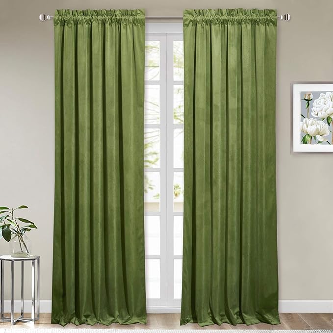 StangH Grass Green Curtains Velvet Drapes 108 inches Long Light Blocking Patio Door Curtain Panels Rod Pocket Window Treatment Set for Villa Parlor Holiday Decor, W52 x L108, 2 Panels
