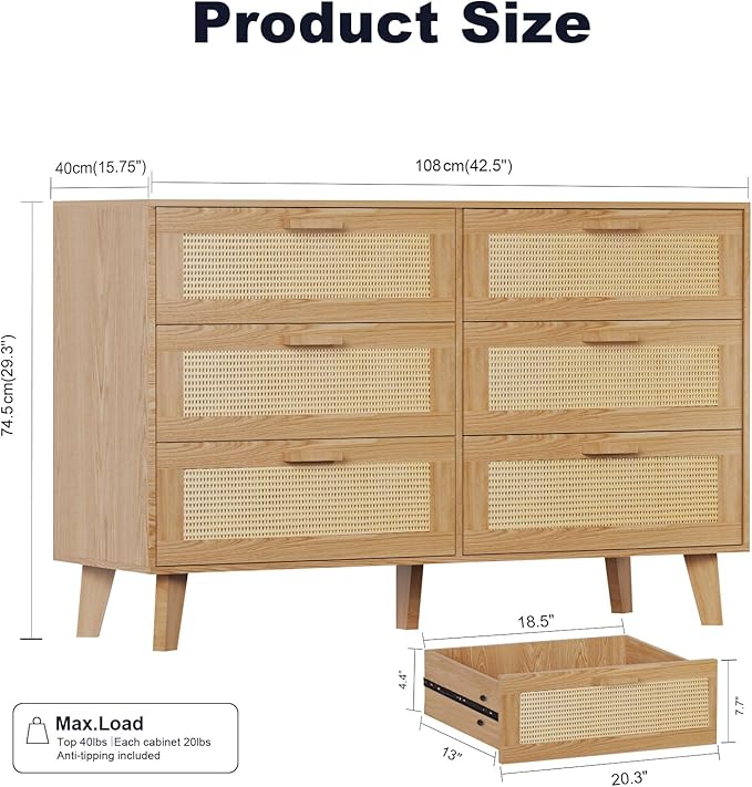 Wide Rattan Dresser, 6 Drawer Dressers Bedroom Furniture Large Storage Tower Unit, Dresser for Bedroom, Closet,Hallway, Walnut