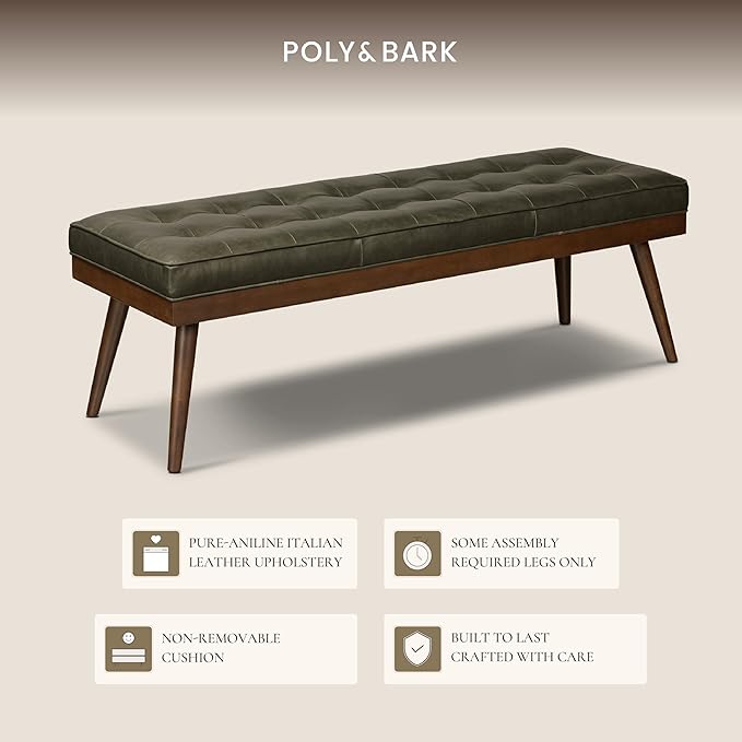 POLY & BARK 55" Tufted Leather Bed Bench for Bedroom End of Bed - Living Room Entry Way Bench - Pure Italian Leather Upholstery with a Solid Wood Frame - Ottoman Bench with Wooden Legs - Olivine Green