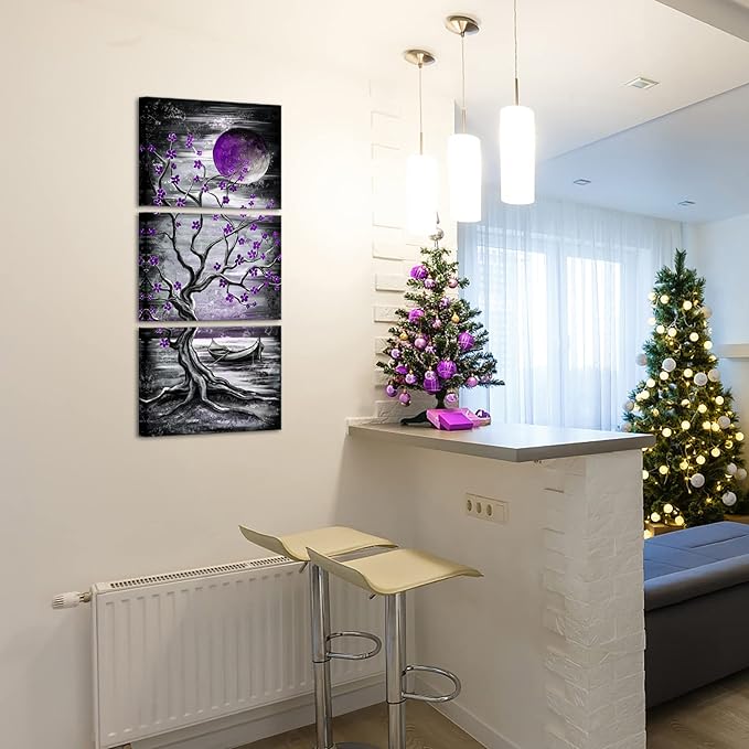 KREATIVE ARTS 3 Piece Full Moon Tree Canvas Wall Art Modern Abstract Black and White Tree Landscape Painting Prints for Bedroom Bathroom Decor Gallery Wrapped Artwork Ready to Hang (Purple)