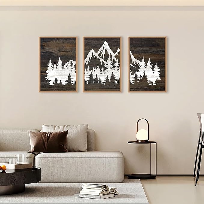 LHIUEM Large Mountain Tree Framed Canvas Wall Art Set,Modern White Forest Art Printing Country Minimalist Wood Wall Decor Farmhouse Zen Artwork for Living Room Bedroom Office-16 x24 x3