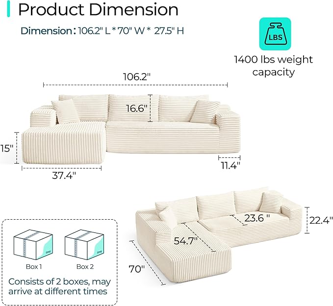 LINSY HOME Modular Sectional Sofa Boneless Cloud Couches for Living Room | Oversized Chaise, Deep Seat, Beige Cloud Couch, Plush Corduroy, L-Shape, No Assembly Required