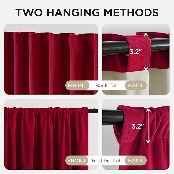 Joydeco Red 100% Blackout Curtains 120 Inch 2 Panels, Luxury Thermal Red Velvet Curtains for Bedroom Living Room, Soundproof Blackout Window Drapes, Rod Pocket & Back Tab (52W x 120L)