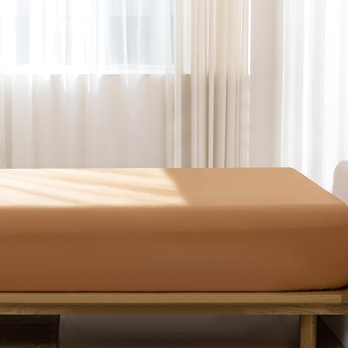 MooMee Fitted Bottom Sheet Only 100% Washed Cotton Linen Like Textured Breathable Durable Soft Comfy Deep Pocket Fits Mattress up to 17" (Burnt Orange, Queen)