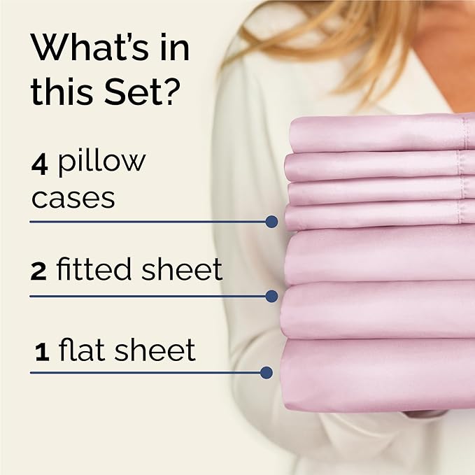 Split King 7 Piece Sheet Set - Cooling & Breathable - Hotel Luxury Bedding, Includes Fitted Sheets for Women, Men, Kids & Teens - 1 Flat, 2 Fitted Sheets, 4 Pillowcases w/Deep Pockets - Light Pink