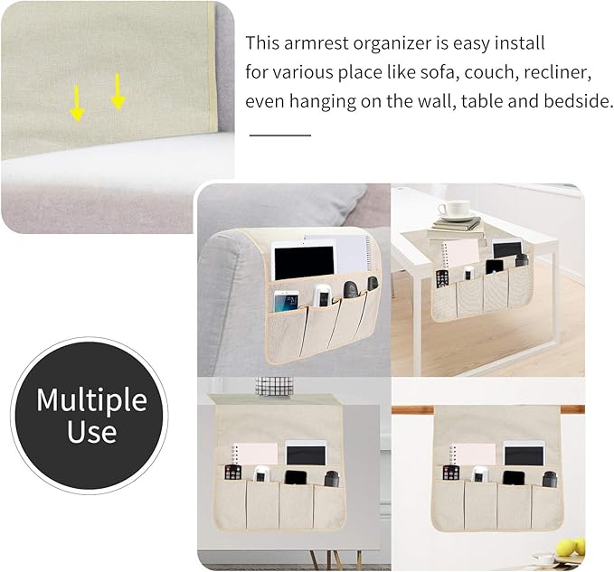 SYSOV Sofa Armrest Organizer, Remote Control Holder for Recliner Couch, Arm Chair Caddy with 6 Pockets for Magazine, Tablet, Phone, iPad (Beige, W19'' x L33'')