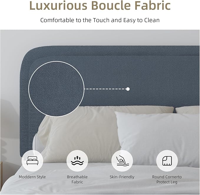 BarnFurin Boucle Upholstered Bed Frame King Size/Cloud Bed Frame/Soft Rounded Corners Headboard/Low Profile/No Box Spring Needed/Blue