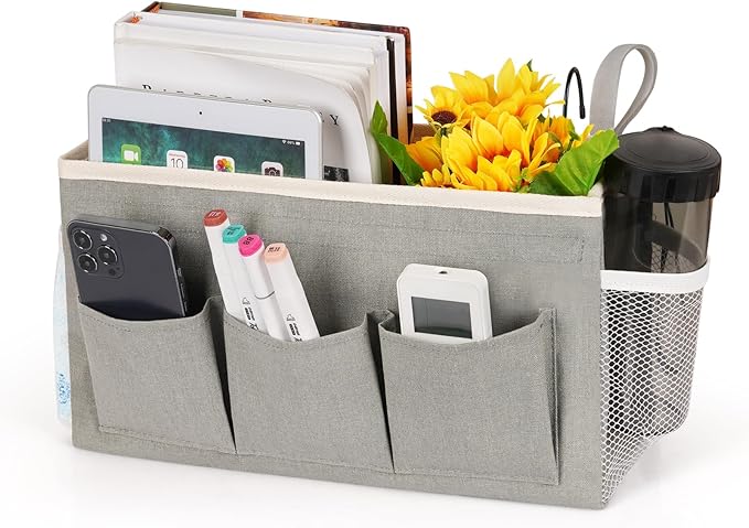 Ozzptuu Bedside Storage Caddy/Bedside Hanging Storage Bag for Headboards Bunk Beds Dorm Rooms Book Phone Magazine Holder (New Grey)