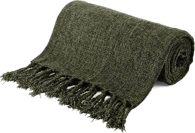 BATTILO HOME Olive Green Throw Blanket for Couch Bed Sofa, Soft Cozy Chenille Throw Blanket with Fringe Tassels, Lightweight Knit Throw Blanket for Home Decor, 50"x60"