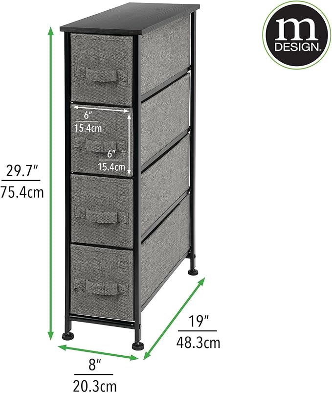 mDesign Narrow Dresser Storage Tower Stand with 4 Removable Fabric Drawers - Steel Frame, Wood Top Organizer for Bedroom, Entryway, Closet - Lido Collection - Charcoal Gray