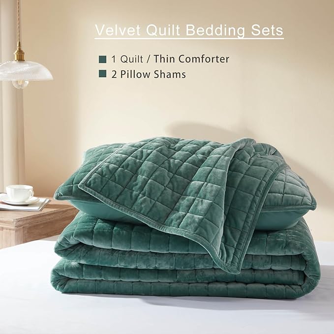 LEAONME Velvet Quilt Full/Queen Size-90''x98'', Lightweight Aqua Green Velvet Comforter Set with 2 Pillow Shams, Soft Bedspread Coverlet Quilted Bedding Set for All Season