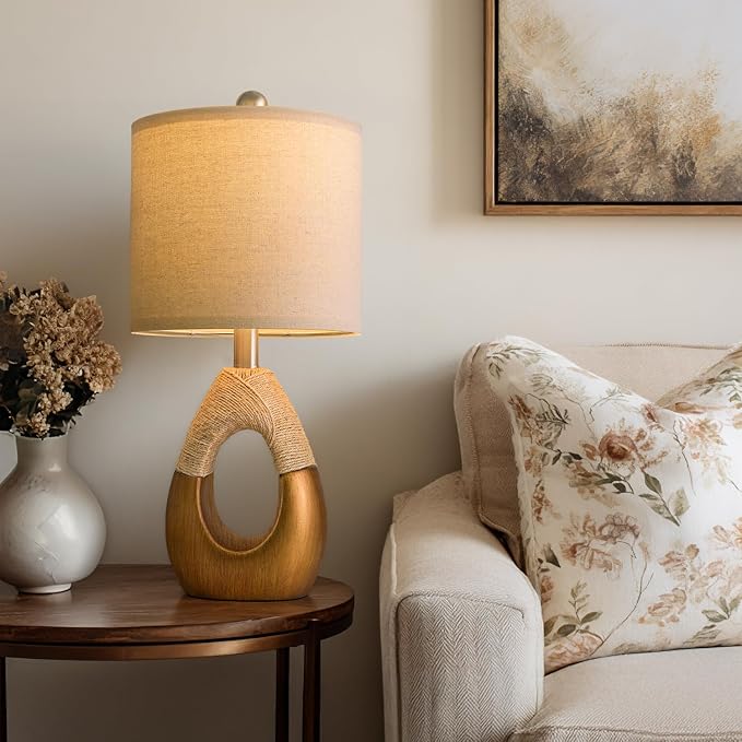 OYEARS 19" Table Lamps Set of 2, Boho Lamps for Living Room, Rustic Bedside Lamps for Bedroom, Farmhouse Rattan Table Lamp, Small Space Nightstand Lamp for Home Office (Bulb Not Included, Gold)