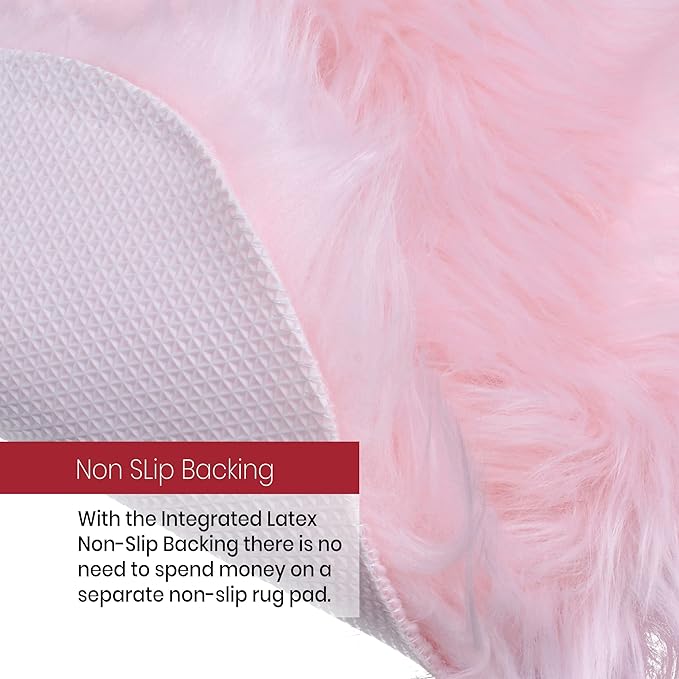 Silky Soft Faux Fur Rug, 2 ft. x 6 ft. Pink Fluffy and Shaggy Sheepskin Area Carpet for Living Rooms, Bedroom, Kid's Room, or Nursery, Home Décor Accent, Machine Washable with Non-Slip Backing
