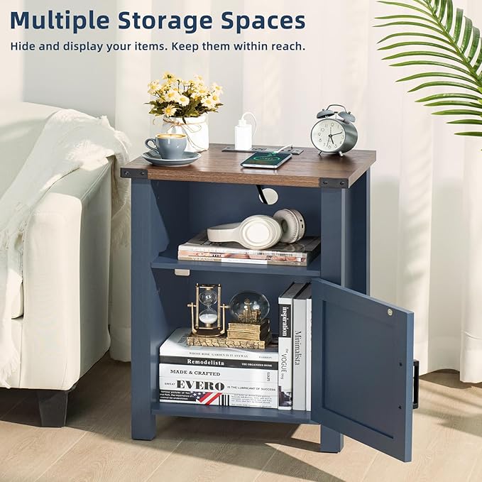 Joaxswe Night Stand Set of 2, 18 Inch Farmhouse Nightstand with with Charging Station and USB Port, Rustic Couch End Table with Magnetic Door, Wood Bed Side Tables for Bedroom, Home, Navy Blue