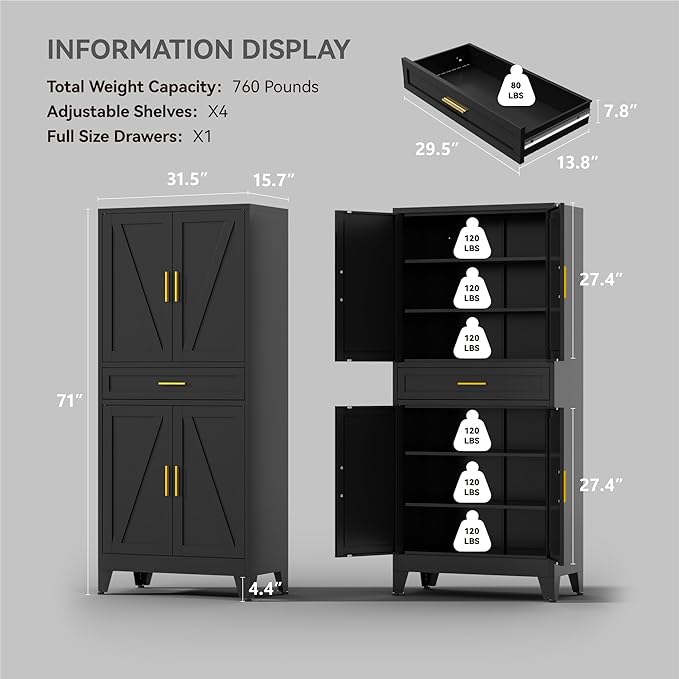 71" Tall Farmhouse Pantry Cabinet,Metal Cabinets with Doors and Shelves,Storage Cabinet for Kitchen, Garage,Black