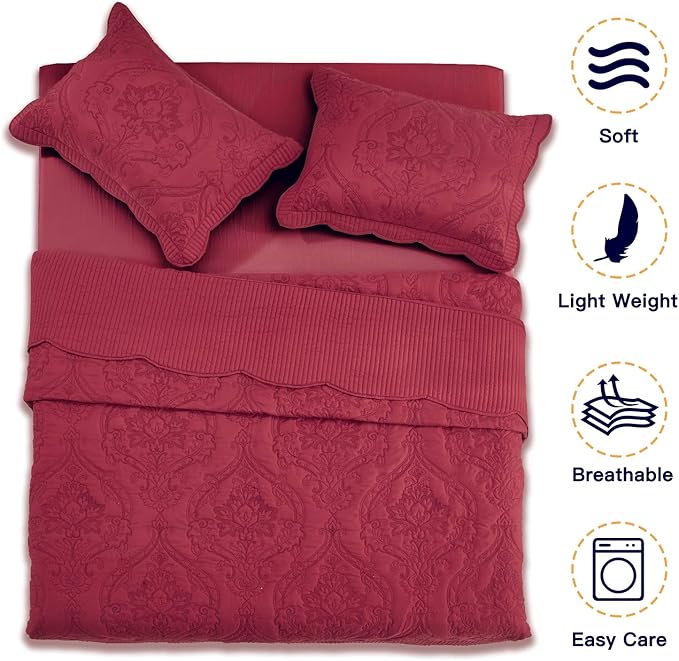 CHIXIN Oversized Bedspread Coverlet Set King Size - Lightweight Bedding Cover - Beautiful Stitching - 5 Piece Reversible Bedspread - Gorgeous Damask Paisley Pattern (King, Wine Red)