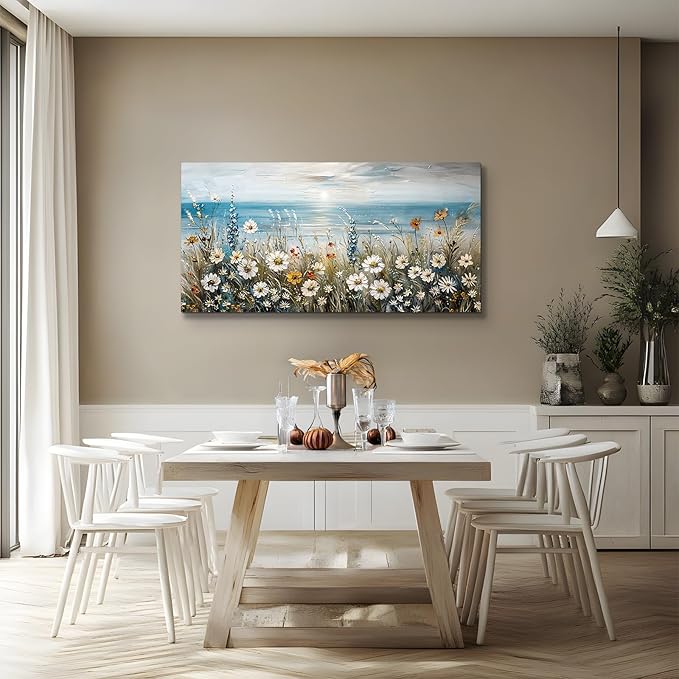 SERIMINO Large Wall Art for Living Room, Coastal Landscape Wall Decor, Beach Daisy Canvas Prints Farmhouse Decor, Wildflowers Bathroom Pictures Home Decor Aesthetic, Dining Room Kitchen Artwork 24"X48"