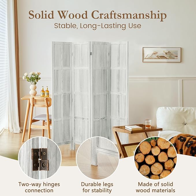 4 Panel Room Divider, 5.6Ft Wood Room Dividers and Folding Privacy Screens, Room Divider Wall Freestanding Room Partitions, Room Dividers Screen for Home Office Bedroom, White