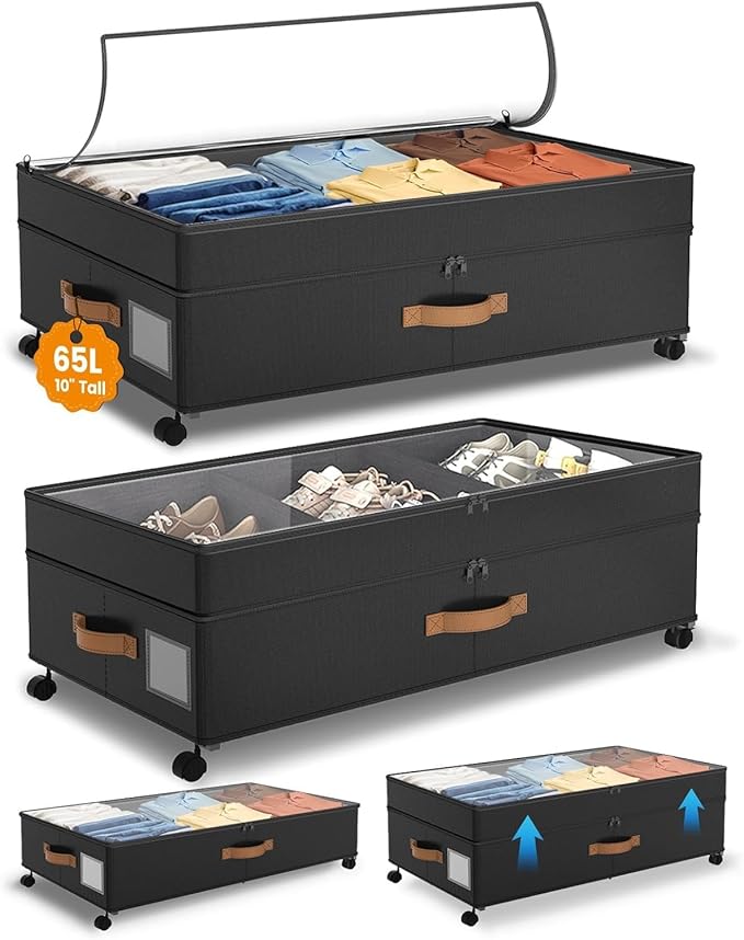Under Bed Storage with Wheels, 72L XXL Under the Bed Storage Containers Large, 10‘’ Tall Adjustable Storage for Underbed with Lids