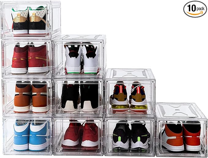 Clear Shoe Boxes Stackable 10 Pack Shoe Storage for Sneakerheads, Front Opening Shoe Organizer, Magnetic Door, Strong and Sturdy Fit for Large Size Shoes 14.96 x 10.24 x 7.87 inches