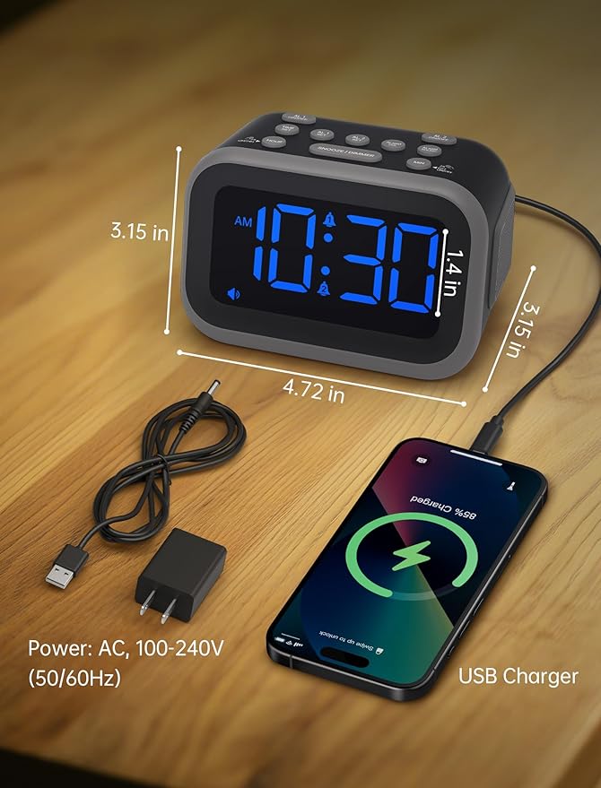 Super Loud Alarm Clock: 115dB Dual Alarms and 6 Alarm Sounds for Heavy Sleepers - Adult Shift Workers in Bedroom or Daily Wake-Up Use - Blue Digits