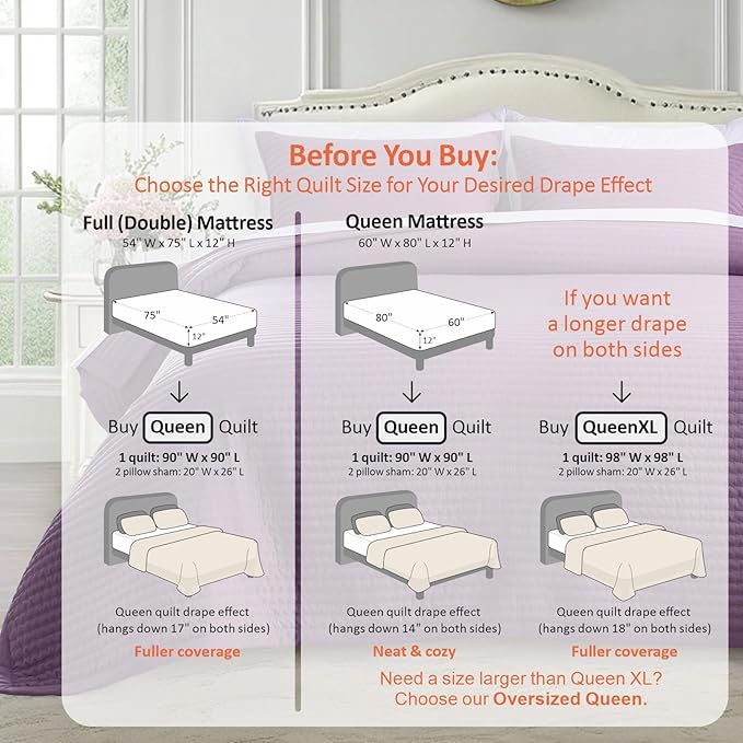 KASENTEX Queen Quilt Set 90"x90" – Soft Washed 3-Layer Lightweight Bedspread, Minimalist Nordic Design, All-Season Spring & Summer Quilt Set (1 Quilt + 2 Pillow Shams),Grape Jam Purple