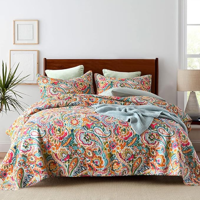 Cotton Bedspread Quilt Sets, Reversible Bedding Coverlet Sets Comforter, Gorgeous Red Floral Paisley Bedspread, King Size