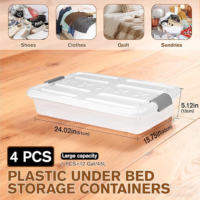 4 PCS*37 Qt Wheeled Latching Under Bed Storage, Stackable Bin with Latch Lid, Plastic Container to Organize Shoes Underbed, Clear with White Lid(White)