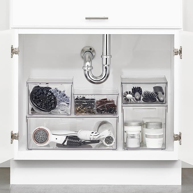 mDesign Plastic Stackable Bathroom Storage with Pull Out Bin Organizer Drawer for Cabinet, Vanity, Shelf, Cupboard, Cabinet, or Closet Organization - Lumiere Collection - 8 Pack - Clear