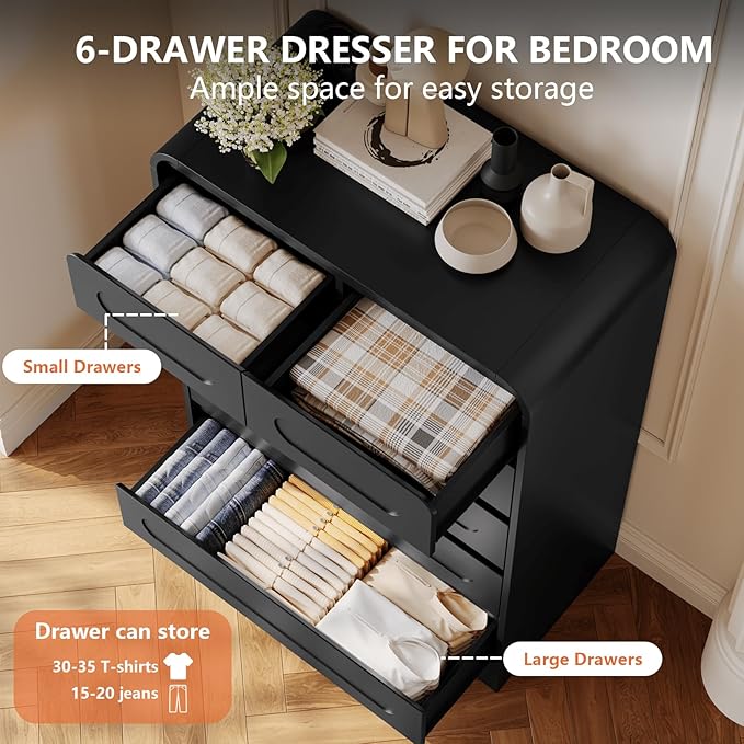 Tall Dressers for Bedroom, 6 Drawers Dresser & Chest of Drawers with Pre-Installed Slides&Curved Profile Design, Modern Closet Storage Wood Dressers Organizer for Living Room Hallway, Black