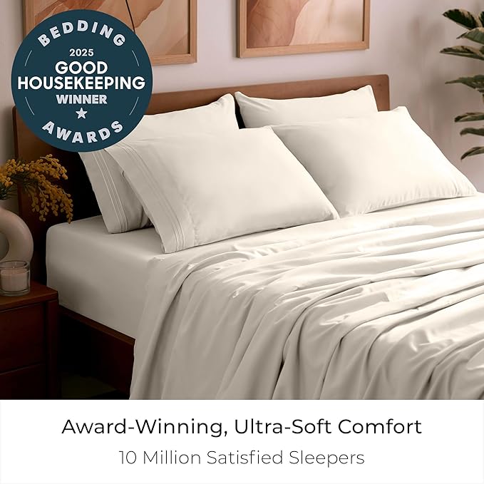 Mellanni California King Sheet Set - 6-Piece Iconic Collection Bedding, (Including 4 Pillowcases), 16-Inch Deep Pocket, Easy Care, Extra Soft, Cooling Sheets, Brushed Microfiber - Golden Ivory