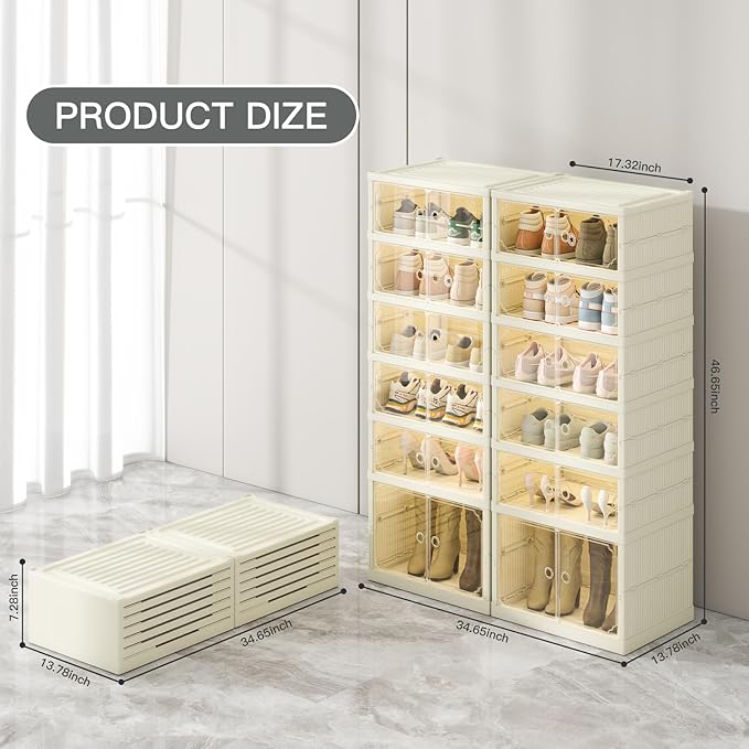 6 Tiers Foldable Shoe Rack Organizer for Closet with Wheels, 24Pairs Plastic Collapsible Shoe Shelf for Front Door Entrance Stackable Clear Folding Shoes Storage Boxes Tall Shoe Cabinet