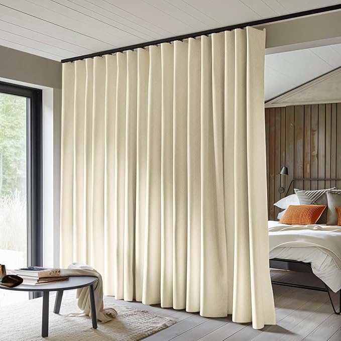 Room Divider Curtains Total Blackout Privacy Curtain Panel Room Thermal Insulated Noise Reduction Curtains for Bedroom Window Living Room Ceiling Track Curtain W 12.5 ft × H 8ft Beige