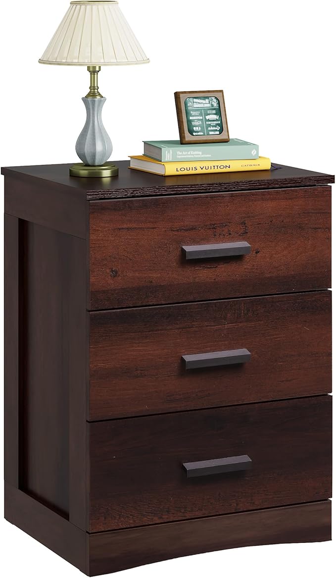WLIVE Night Stand, Wood Nightstand with 3 Drawers, Bed Side Table for Bedroom, Living Room, Dorm, Modern Minimalist Bedside Table, Espresso