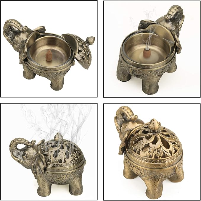 K COOL Metal Backflow Incense Holder Elephant Cone Coil Incense Burner Ash Catcher with Lid, Aromatherapy Ornament Home Office Decoration for Indoor Outdoor (Bronze)