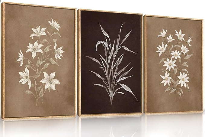 LHIUEM Large Vintage Neutral Botanical Framed Wall Art Set,Brown and Black Flower Wall Decor,Nature Wildflower Artwork,Rustic Plant Floral Art Prints for Living Room,Bedroom,Farmhouse - 16"x24"x3