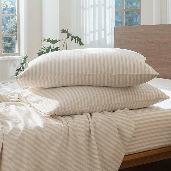 MooMee Striped Duvet Cover Set 100% Washed Cotton Linen Like Textured Breathable Durable Soft Comfy (Almond Milk Grey Classic Stripes, Full 80"x90")