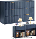 LEYAOYAO 48" Wide Fluted Dresser and 1 Drawers 23" Nightstand Set of 2, Wooden Dresser & Night Stand with Charging Station, 3 Piece Bedroom Furniture Set, Chest of Drawer for Living Room,Blue