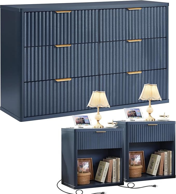 LEYAOYAO 48" Wide Fluted Dresser and 1 Drawers 23" Nightstand Set of 2, Wooden Dresser & Night Stand with Charging Station, 3 Piece Bedroom Furniture Set, Chest of Drawer for Living Room,Blue
