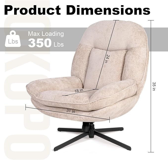 1 Pack 360°Free Swivel Accent Chair for Living Room, Slightly 20°Rocking, 24" High Backrest Upholstered Armchair, Ergonomic Design, Chenille Breathable Soft Fabric Modern Single Sofa, Beige