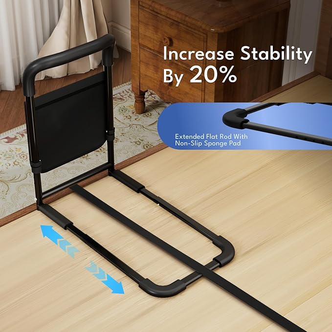 HOMEAL Bed Rails for Elderly Adults Safety - Adjustable Bedside Assist Rails for Seniors, Adult Bed Cane with Non-Slip Handle, Motion Light & Fixing Strap, Fit Standard & Adjustable Bed (Black)